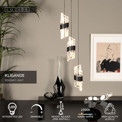 Lucide KLIGANDE - Pendant light - Ø 25 cm - LED Dim. - 3x8W 2700K - Black